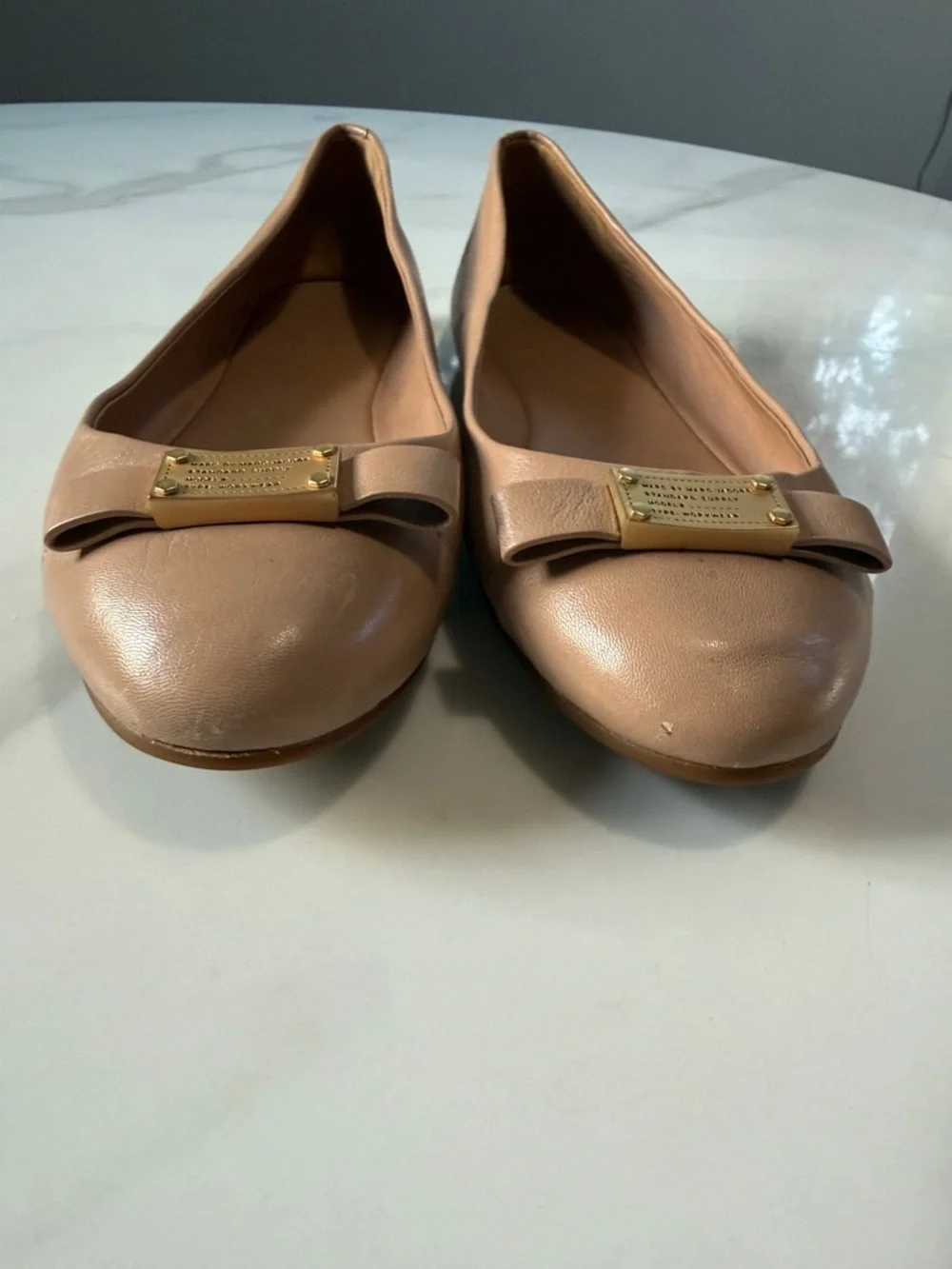 Marc Jacobs Nude Leather Ballet Flats with Gold Plaque